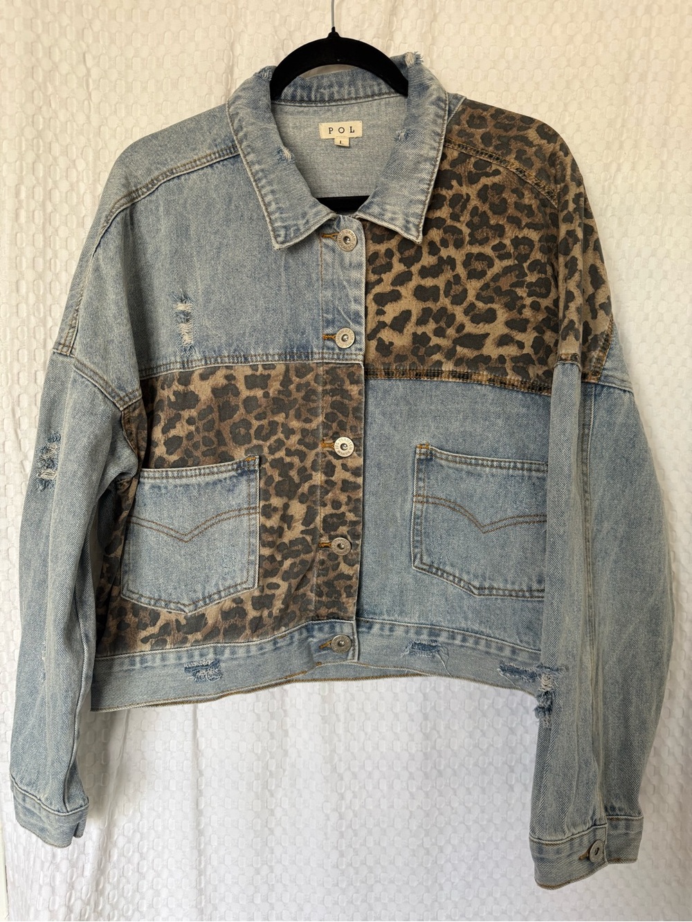 POL Leopard Print Colorblock Distressed Denim Jacket Size L Oversized - Picture 3 of 7